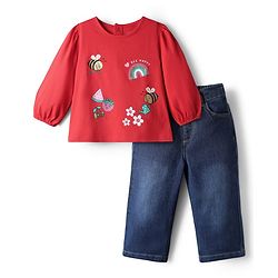 Babyhug Single Jersey Knit Full Sleeves Top & Denim Jeans Set With Bee & Floral Print - Red & Blue