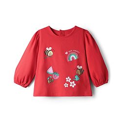 Babyhug Single Jersey Knit Full Sleeves Top & Denim Jeans Set With Bee & Floral Print - Red & Blue
