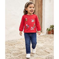Babyhug Single Jersey Knit Full Sleeves Top & Denim Jeans Set With Bee & Floral Print - Red & Blue