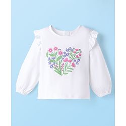 Babyhug Single Jersey Knit Full Sleeves Top & Denim Jeans Set With Floral Print - White & Blue
