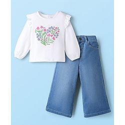 Babyhug Single Jersey Knit Full Sleeves Top & Denim Jeans Set With Floral Print - White & Blue
