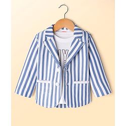 Babyhug Knit Full Sleeves Striped Blazer With NYC Printed T-Shirt - Blue
