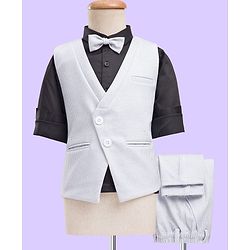 Babyhug Knit Full Sleeves 3 Piece Party Suit With Bow & Textured Print - Grey