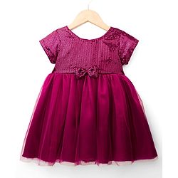 Babyhug Satin Woven Half Sleeves Flared Party Dress with Bow & Sequence Applique - Wine