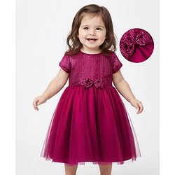 Babyhug Satin Woven Half Sleeves Flared Party Dress with Bow & Sequence Applique - Wine