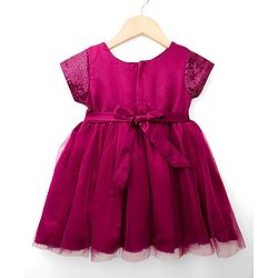 Babyhug Satin Woven Half Sleeves Flared Party Dress with Bow & Sequence Applique - Wine