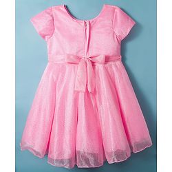 Babyhug Woven Half Sleeves Flare Party Dress with Bow Applique - Pink