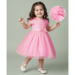 Babyhug Woven Half Sleeves Flare Party Dress with Bow Applique - Pink