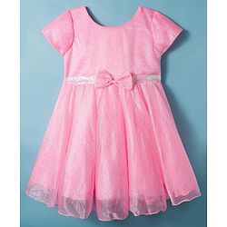 Babyhug Woven Half Sleeves Flare Party Dress with Bow Applique - Pink
