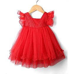 Babyhug Woven Frill Sleeves Mesh Party Dress With Glittered Yoke - Red