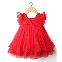 Babyhug Woven Frill Sleeves Mesh Party Dress With Glittered Yoke - Red