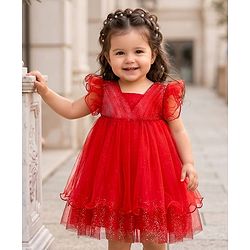 Babyhug Woven Frill Sleeves Mesh Party Dress With Glittered Yoke - Red