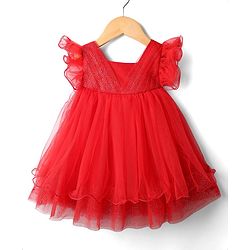 Babyhug Woven Frill Sleeves Mesh Party Dress With Glittered Yoke - Red