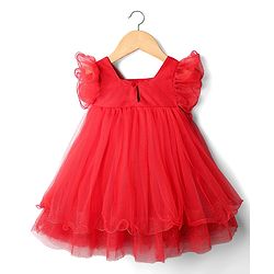 Babyhug Woven Frill Sleeves Mesh Party Dress With Glittered Yoke - Red