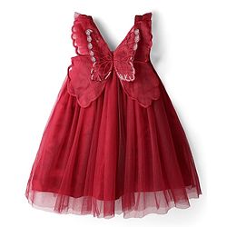 Babyhug Woven Sleeveless Mesh Party Dress With Butterfly Applique - Red