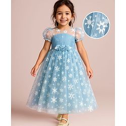 Babyhug Short Sleeves Snowflakes Printed with Corsage Frock - Frozen Blue