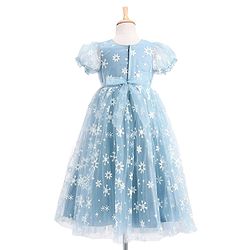 Babyhug Short Sleeves Snowflakes Printed with Corsage Frock - Frozen Blue