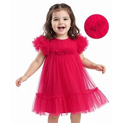 Babyhug Mesh Woven Sleeveless Solid Party Dress With Floral Corsage & Frill Detailing - Red