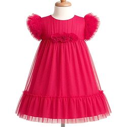 Babyhug Mesh Woven Sleeveless Solid Party Dress With Floral Corsage & Frill Detailing - Red