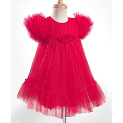 Babyhug Mesh Woven Sleeveless Solid Party Dress With Floral Corsage & Frill Detailing - Red