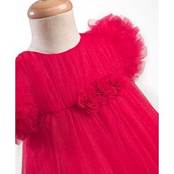 Babyhug Mesh Woven Sleeveless Solid Party Dress With Floral Corsage & Frill Detailing - Red