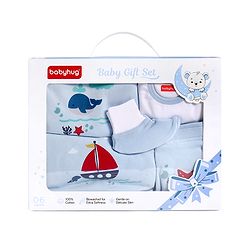 Babyhug Premium 100 % Cotton New Born Clothing Gift Set Sea Breeze Theme Blue - Pack of 8| Full Sleeve Set| Onesie| Cap Bibs Mitten & Booties| Essential Clothing for 0 to 6 months