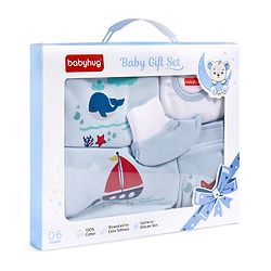 Babyhug Premium 100 % Cotton New Born Clothing Gift Set Sea Breeze Theme Blue - Pack of 8| Full Sleeve Set| Onesie| Cap Bibs Mitten & Booties| Essential Clothing for 0 to 6 months