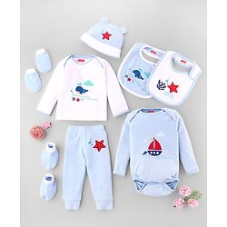 Babyhug Premium 100 % Cotton New Born Clothing Gift Set Sea Breeze Theme Blue - Pack of 8| Full Sleeve Set| Onesie| Cap Bibs Mitten & Booties| Essential Clothing for 0 to 6 months
