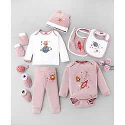 Babyhug Premium 100 % Cotton New Born Clothing Gift Set Sea Breeze Theme Blue - Pack of 8| Full Sleeve Set| Onesie| Cap Bibs Mitten & Booties| Essential Clothing for 0 to 6 months