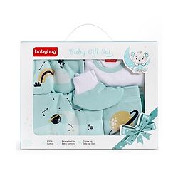 Babyhug Premium 100 % Cotton New Born Clothing Gift Set Sea Breeze Theme Blue - Pack of 8| Full Sleeve Set| Onesie| Cap Bibs Mitten & Booties| Essential Clothing for 0 to 6 months