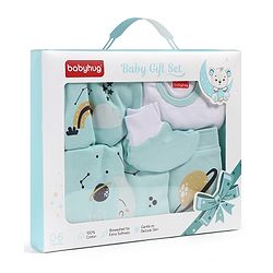 Babyhug Premium 100 % Cotton New Born Clothing Gift Set Sea Breeze Theme Blue - Pack of 8| Full Sleeve Set| Onesie| Cap Bibs Mitten & Booties| Essential Clothing for 0 to 6 months