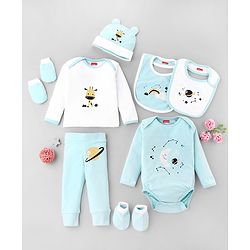 Babyhug Premium 100 % Cotton New Born Clothing Gift Set Sea Breeze Theme Blue - Pack of 8| Full Sleeve Set| Onesie| Cap Bibs Mitten & Booties| Essential Clothing for 0 to 6 months