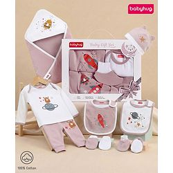 Babyhug Premium 100 % Cotton New Born Clothing Gift Set Astronaut Theme Brown - Pack of 8| Full Sleeve Set| Hooded Wrapper| Cap Bibs Mitten & Booties| Essential Clothing for 0 to 6 months