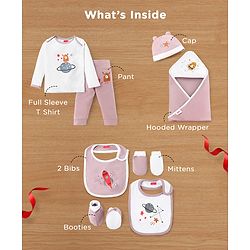 Babyhug Premium 100 % Cotton New Born Clothing Gift Set Astronaut Theme Brown - Pack of 8| Full Sleeve Set| Hooded Wrapper| Cap Bibs Mitten & Booties| Essential Clothing for 0 to 6 months