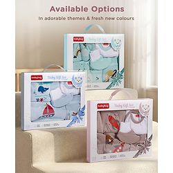 Babyhug Premium 100 % Cotton New Born Clothing Gift Set Astronaut Theme Brown - Pack of 8| Full Sleeve Set| Hooded Wrapper| Cap Bibs Mitten & Booties| Essential Clothing for 0 to 6 months
