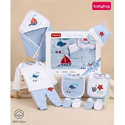 Babyhug Premium 100 % Cotton New Born Clothing Gift Set Astronaut Theme Brown - Pack of 8| Full Sleeve Set| Hooded Wrapper| Cap Bibs Mitten & Booties| Essential Clothing for 0 to 6 months