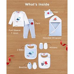 Babyhug Premium 100 % Cotton New Born Clothing Gift Set Astronaut Theme Brown - Pack of 8| Full Sleeve Set| Hooded Wrapper| Cap Bibs Mitten & Booties| Essential Clothing for 0 to 6 months