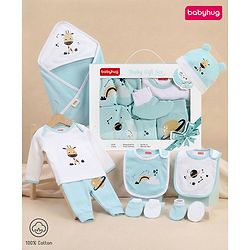 Babyhug Premium 100 % Cotton New Born Clothing Gift Set Astronaut Theme Brown - Pack of 8| Full Sleeve Set| Hooded Wrapper| Cap Bibs Mitten & Booties| Essential Clothing for 0 to 6 months