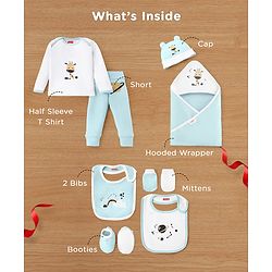 Babyhug Premium 100 % Cotton New Born Clothing Gift Set Astronaut Theme Brown - Pack of 8| Full Sleeve Set| Hooded Wrapper| Cap Bibs Mitten & Booties| Essential Clothing for 0 to 6 months