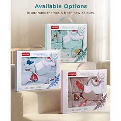 Babyhug Premium 100 % Cotton New Born Clothing Gift Set Astronaut Theme Brown - Pack of 8| Full Sleeve Set| Hooded Wrapper| Cap Bibs Mitten & Booties| Essential Clothing for 0 to 6 months