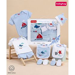 Babyhug Premium 100 % Cotton New Born Clothing Gift Set Sea Breeze Theme Blue - Pack of 8| Half Sleeve Set| Onesie| Cap Bibs Mitten & Booties| Essential Clothing for 0 to 6 months