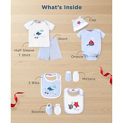 Babyhug Premium 100 % Cotton New Born Clothing Gift Set Sea Breeze Theme Blue - Pack of 8| Half Sleeve Set| Onesie| Cap Bibs Mitten & Booties| Essential Clothing for 0 to 6 months