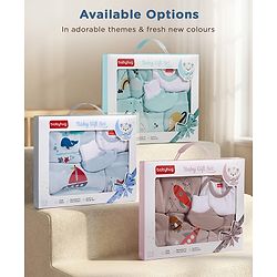 Babyhug Premium 100 % Cotton New Born Clothing Gift Set Sea Breeze Theme Blue - Pack of 8| Half Sleeve Set| Onesie| Cap Bibs Mitten & Booties| Essential Clothing for 0 to 6 months