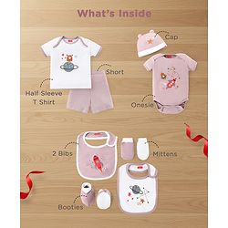 Babyhug Premium 100 % Cotton New Born Clothing Gift Set Sea Breeze Theme Blue - Pack of 8| Half Sleeve Set| Onesie| Cap Bibs Mitten & Booties| Essential Clothing for 0 to 6 months