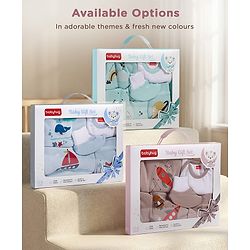 Babyhug Premium 100 % Cotton New Born Clothing Gift Set Sea Breeze Theme Blue - Pack of 8| Half Sleeve Set| Onesie| Cap Bibs Mitten & Booties| Essential Clothing for 0 to 6 months