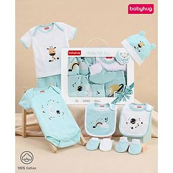 Babyhug Premium 100 % Cotton New Born Clothing Gift Set Sea Breeze Theme Blue - Pack of 8| Half Sleeve Set| Onesie| Cap Bibs Mitten & Booties| Essential Clothing for 0 to 6 months