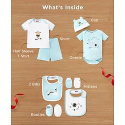 Babyhug Premium 100 % Cotton New Born Clothing Gift Set Sea Breeze Theme Blue - Pack of 8| Half Sleeve Set| Onesie| Cap Bibs Mitten & Booties| Essential Clothing for 0 to 6 months