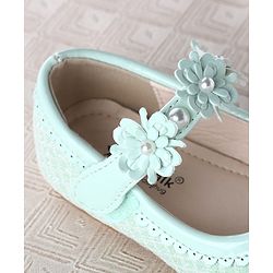 Cute Walk by Babyhug Velcro Closure Ballerina With Floral Applique & Checks Design - Sea Green