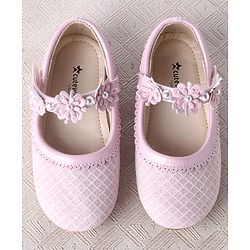 Cute Walk by Babyhug Velcro Closure Ballerina With Floral Applique & Checks Design - Sea Green
