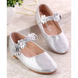 Cute Walk by Babyhug Velcro Closure Shimmery Ballerina with Floral Applique - Silver